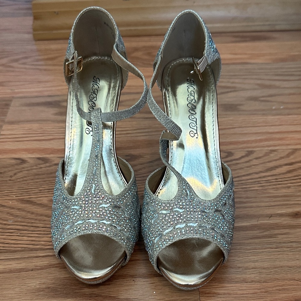 Sparkling Gold T-Strap Evening Heels - Womens